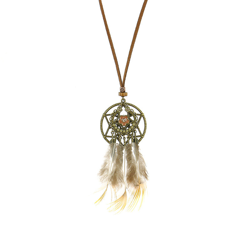 Wholesale Alloy Feather Vintage Hollow Round Pendant Necklace