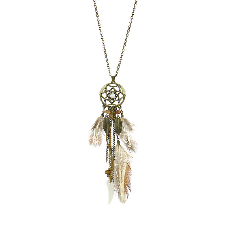 Wholesale Alloy Feather Vintage Hollow Round Pendant Necklace