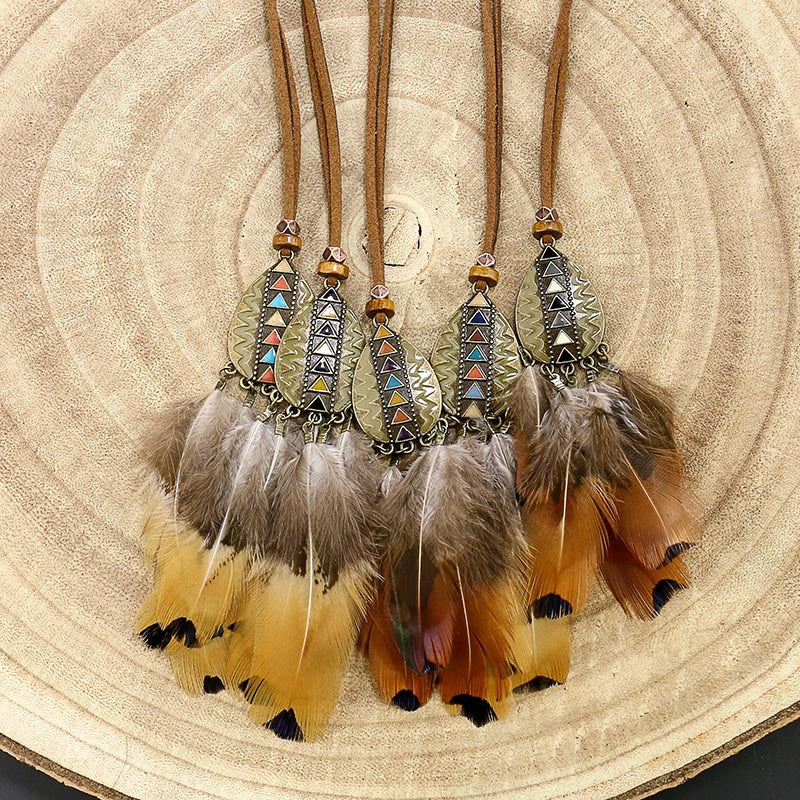 Wholesale Alloy Feather Vintage Hollow Round Pendant Necklace