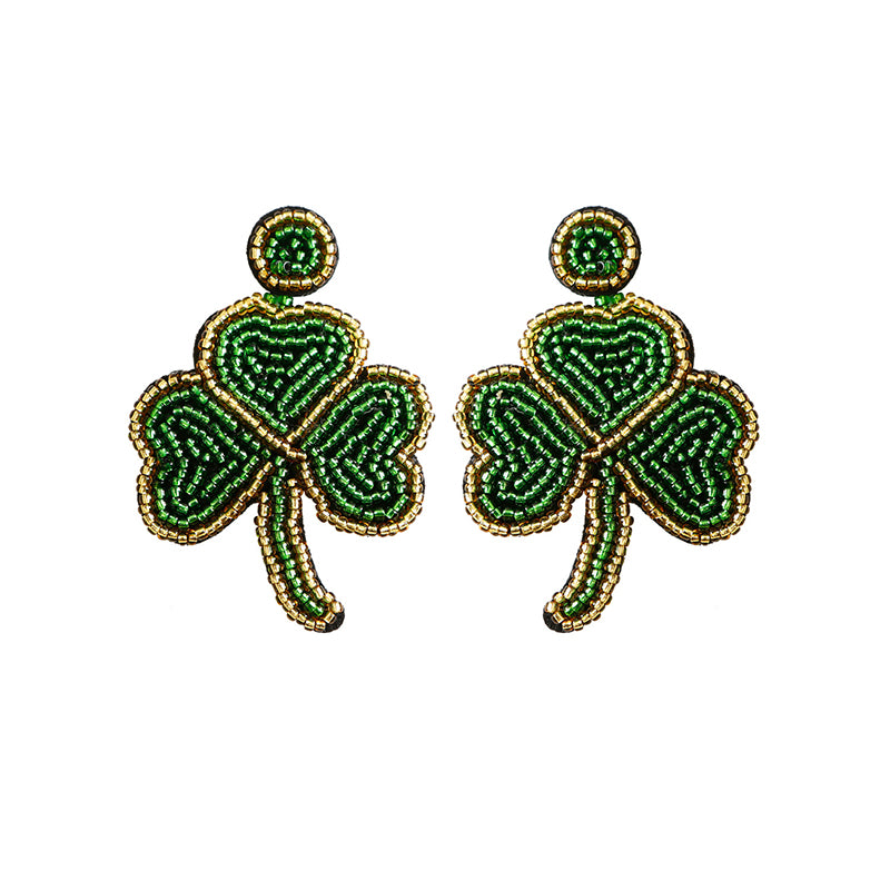 Wholesale Carnival Festival St. Patrick's Day Boho Green Leaf Rice Bead Tassel Earrings OLY-ES-JM001