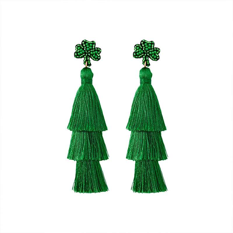 Wholesale Carnival Festival St. Patrick's Day Boho Green Leaf Rice Bead Tassel Earrings OLY-ES-JM001