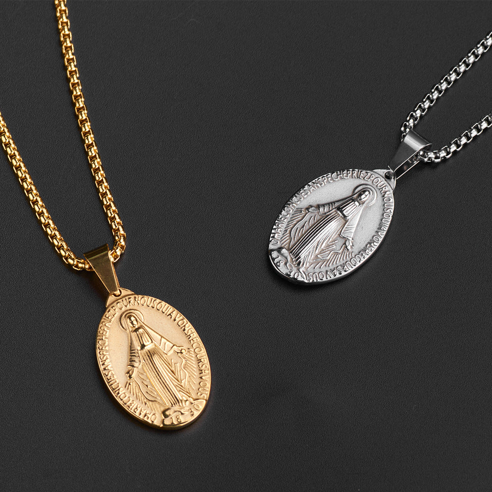 Wholesale Titanium Steel Double-sided Embossed Virgin Mary Pendant Necklace