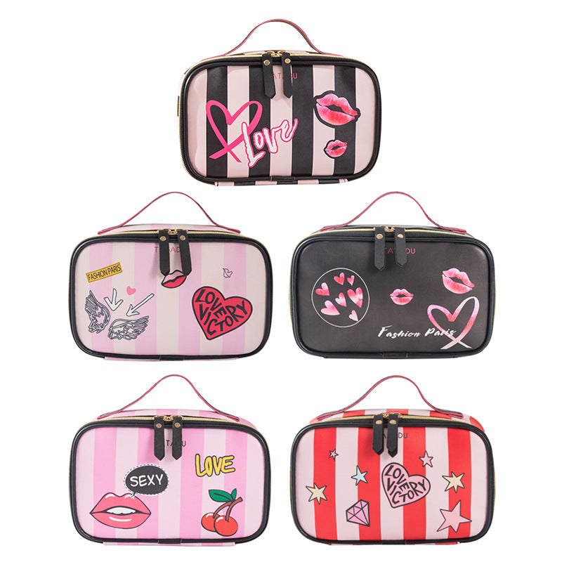 Wholesale Striped Love Lips Print Pu Makeup Bag