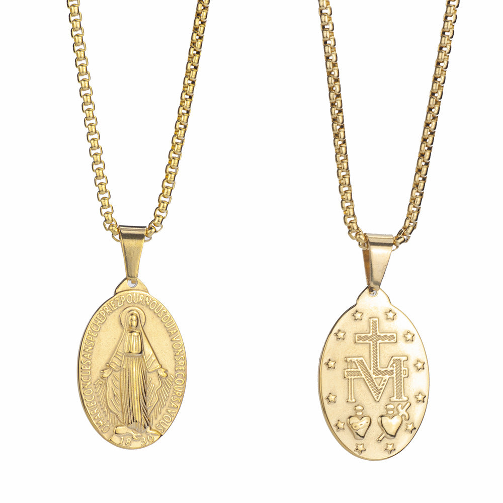 Wholesale Titanium Steel Double-sided Embossed Virgin Mary Pendant Necklace