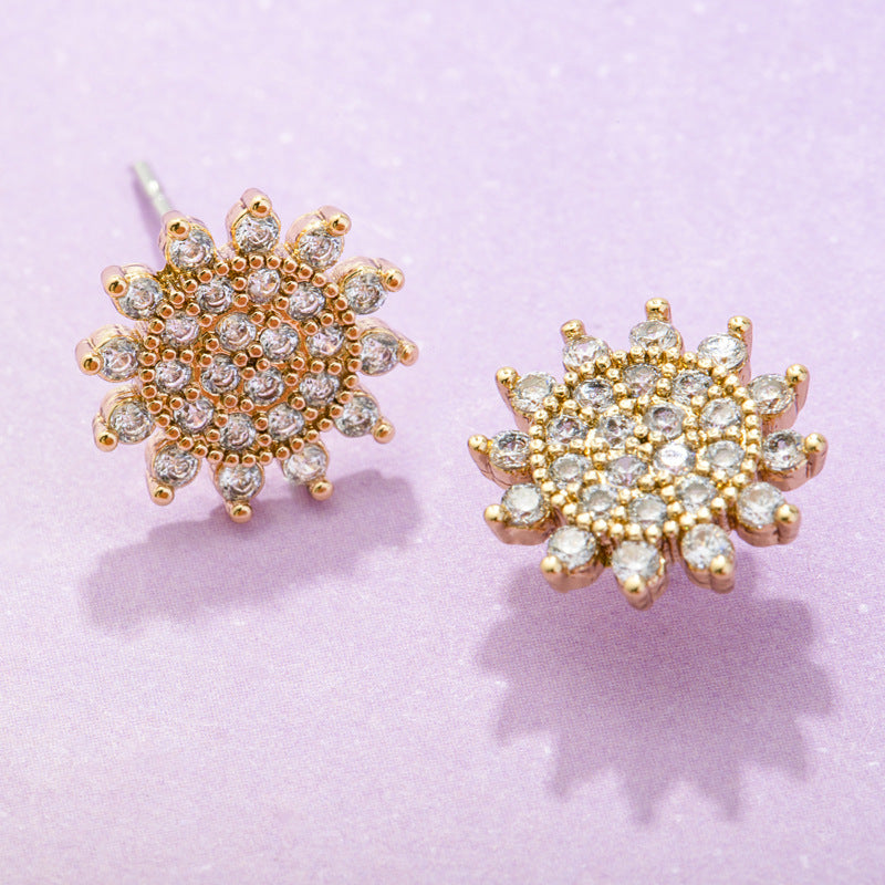 Venta al por mayor Zircon Flash Diamond Sunflower Copper Ear Studs