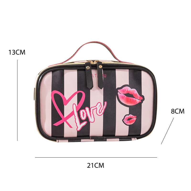 Wholesale Striped Love Lips Print Pu Makeup Bag