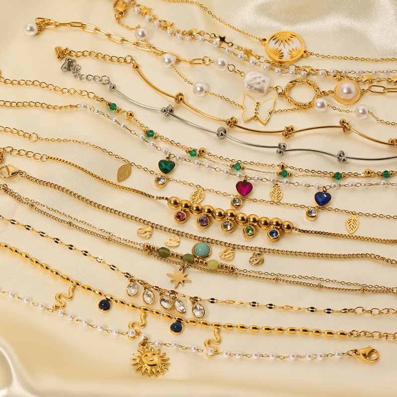 Wholesale Vintage Round Butterfly Natural Stone Zircon Pearl Stainless Steel Bracelet