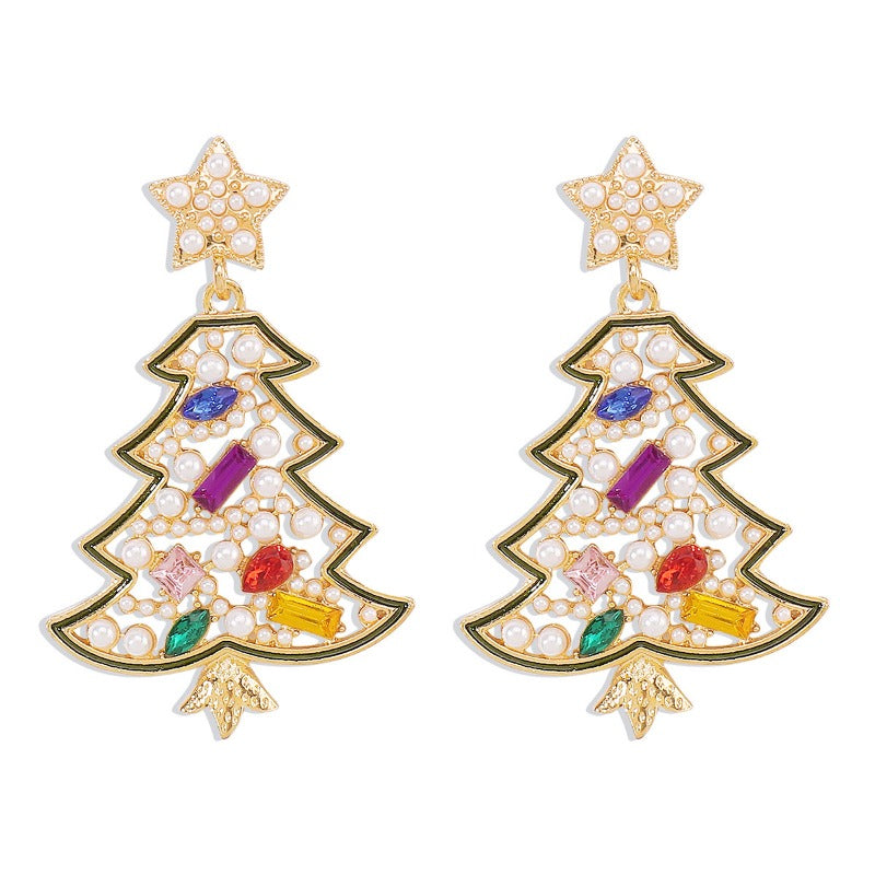 Wholesale Christmas Colored Diamond Pearl Christmas Tree Star Earrings