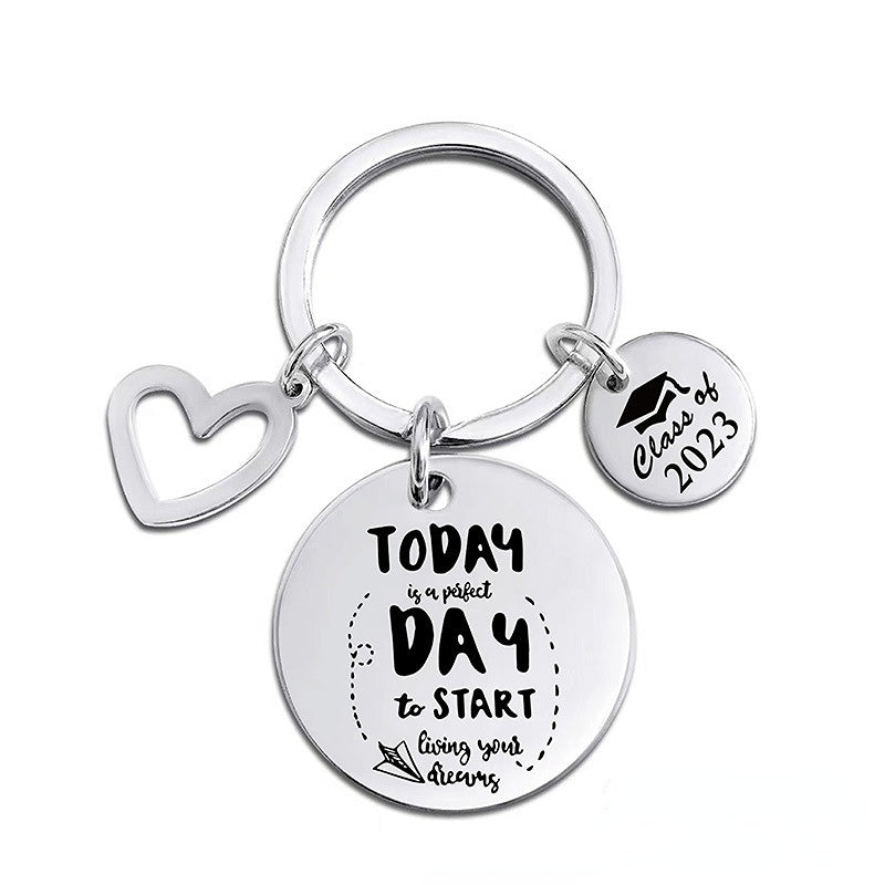 Wholesale Graduation Season Gift Lettering Stainless Steel Round Card Heart Keychain