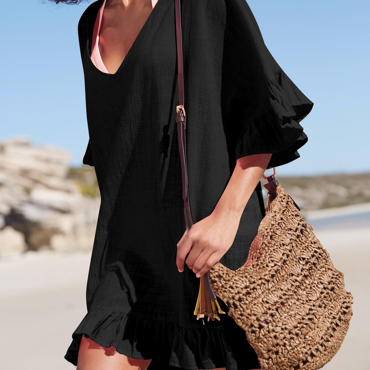 Wholesale V Neck Bikini Beach Cover Up Polyester Swimwear