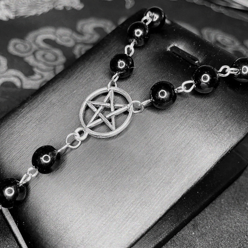 Wholesale Alloy Circle Pentagram Cross Black Beaded Necklace