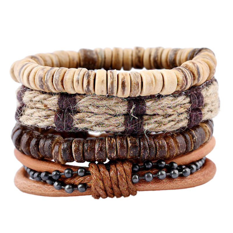 Wholesale Vintage Coconut Shell Hemp Rope Leather Bracelet