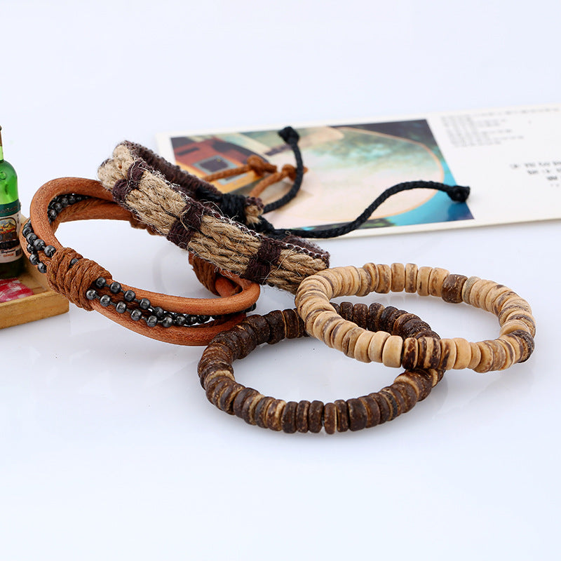 Wholesale Vintage Coconut Shell Hemp Rope Leather Bracelet
