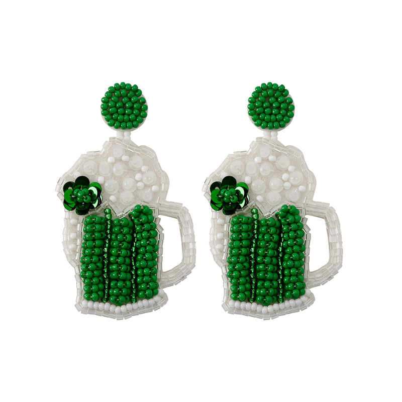Wholesale Carnival Festival St. Patrick's Day Boho Green Leaf Rice Bead Tassel Earrings OLY-ES-JM001