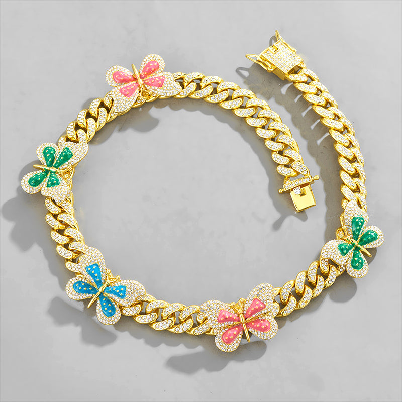 Wholesale Necklaces Alloy Cuban Chain Full Diamond Colorful Butterfly OLY-NE-XD002