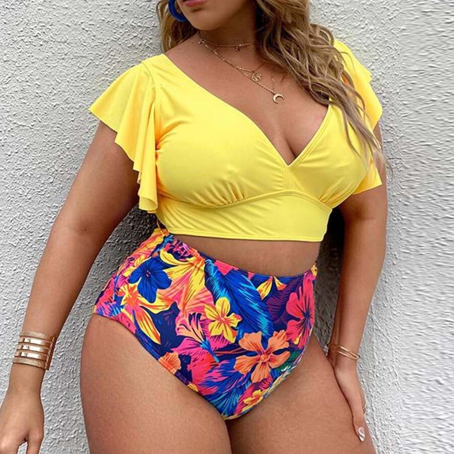 Wholesale Plus Size Fat Girl Ruffle V Neck Split Bikini Swimwear Polyester