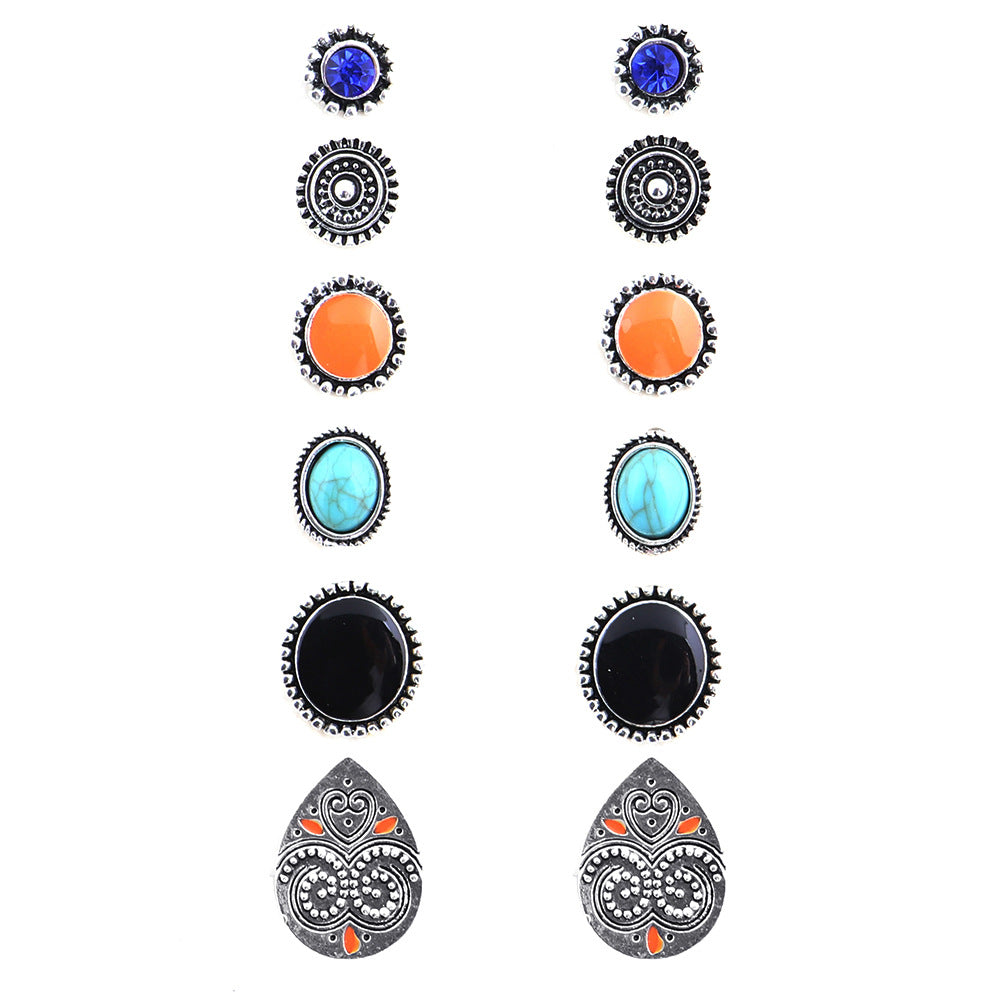 Wholesale Vintage Totem Gemstone Alloy Ear Studs 6 Pairs