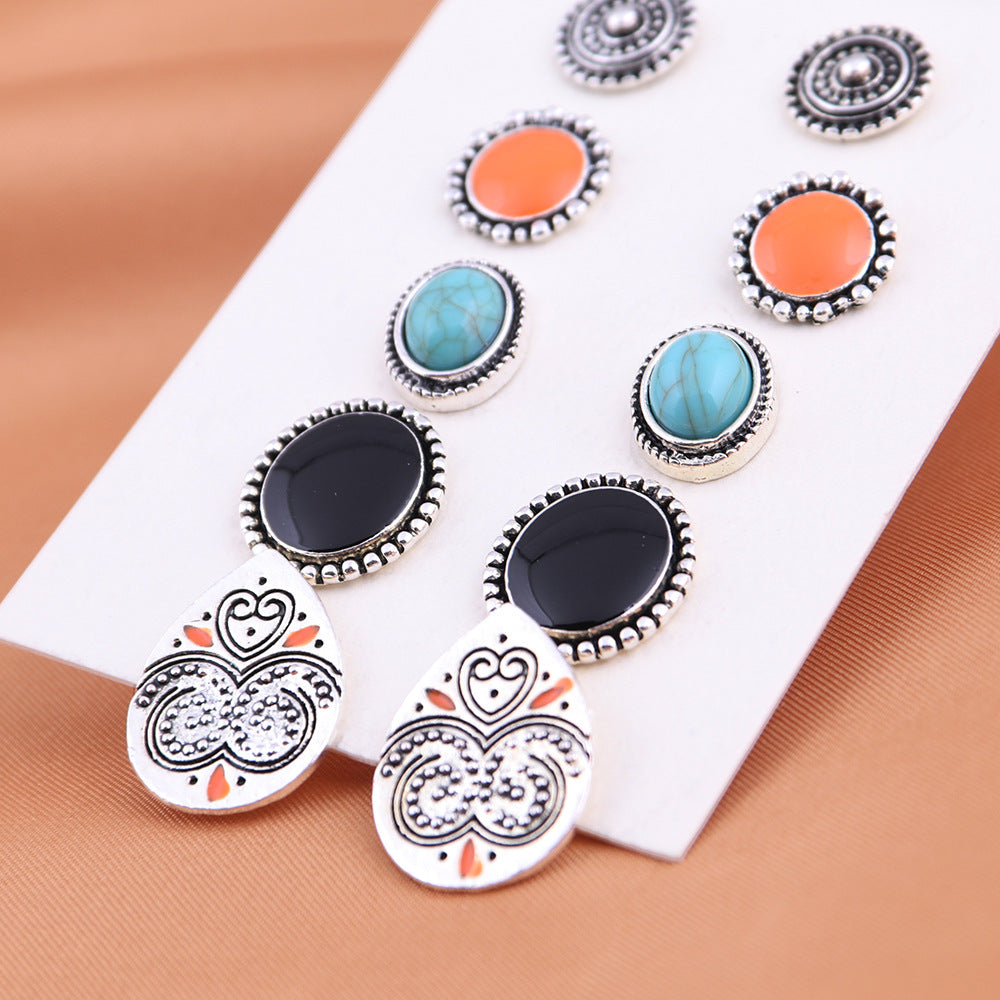 Wholesale Vintage Totem Gemstone Alloy Ear Studs 6 Pairs