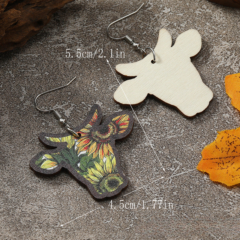 Wholesale Western Wind Cow Head Cow Pattern Leopard Pattern Sunflower Wooden Earrings