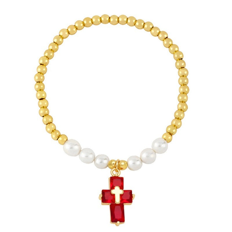 Wholesale Copper Plated Real Gold Cross Pendant Beaded Bracelet