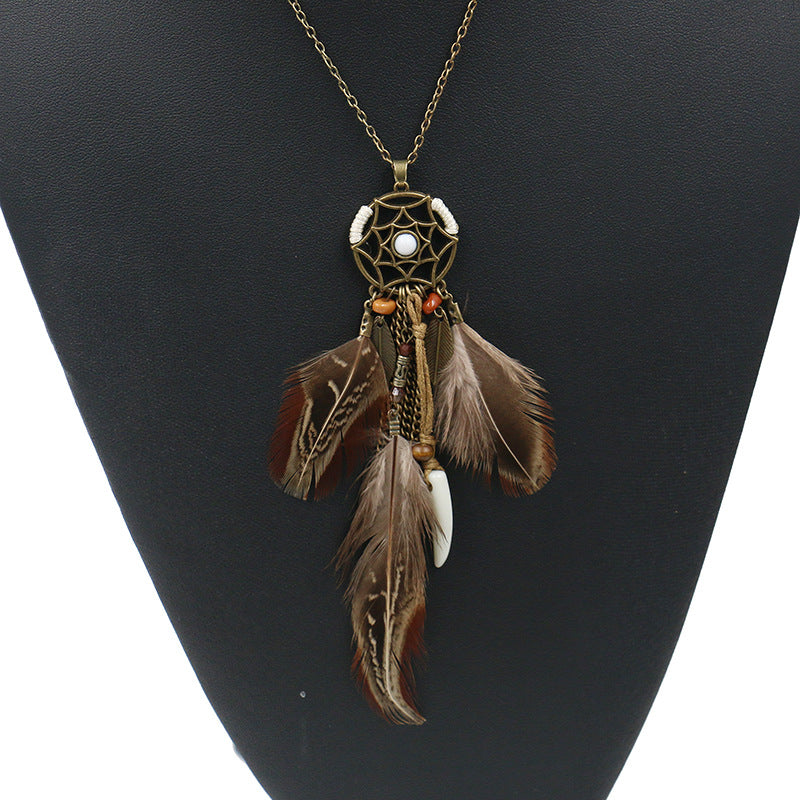 Wholesale Alloy Feather Vintage Hollow Round Pendant Necklace