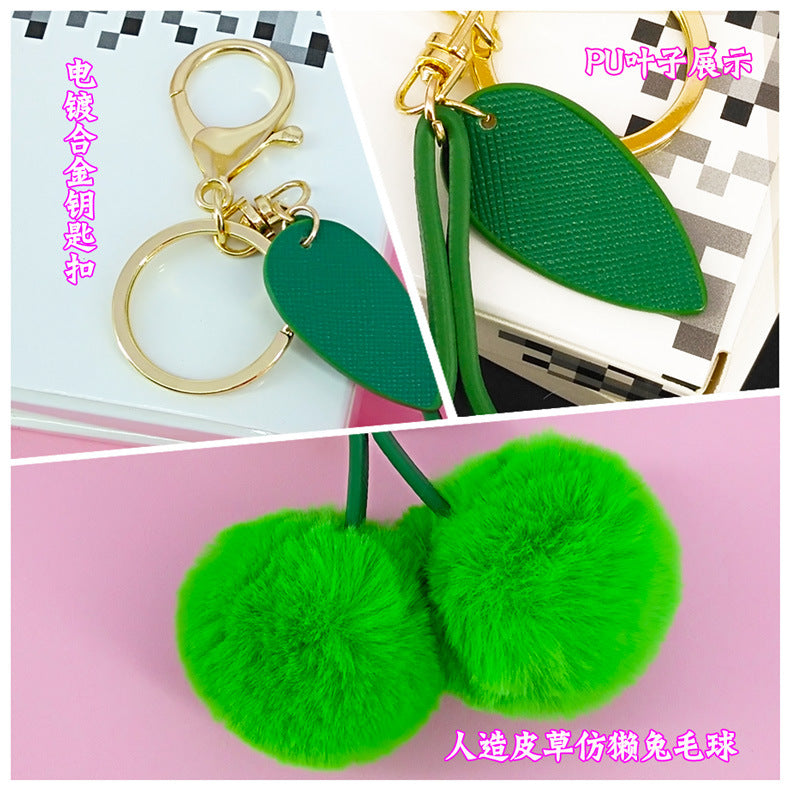 Wholesale 5PCS Cherry Leaves Faux Rabbit Keychains