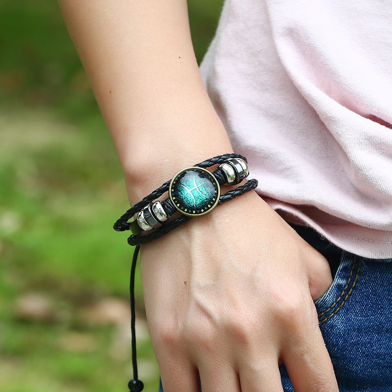 Wholesale Zodiac Sign Handwoven Vintage Leather Bracelet
