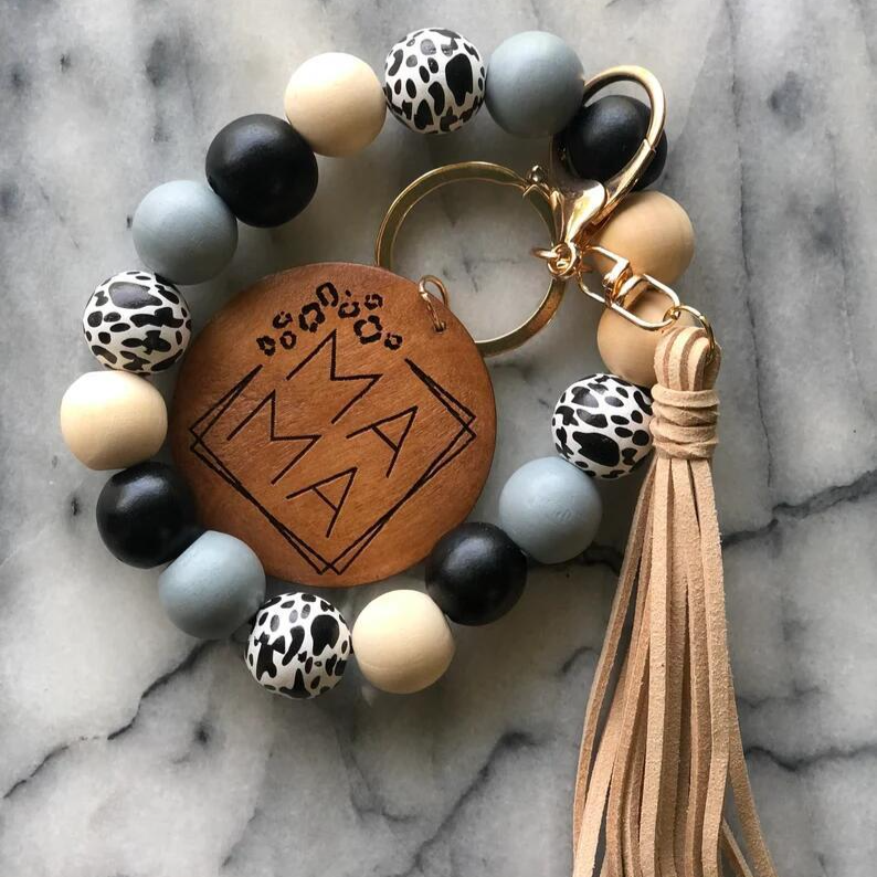 Wholesale 5pcs/pack MAMA Mother's Day Wood Sign Leopard Print Silicone Beaded Wrist Keychain