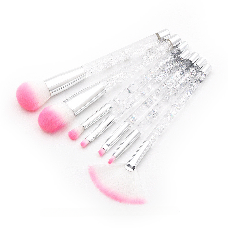 Plastic al por mayor de 7 piezas Mango de partícula de cristal transparente Juego de cepillo de maquillaje