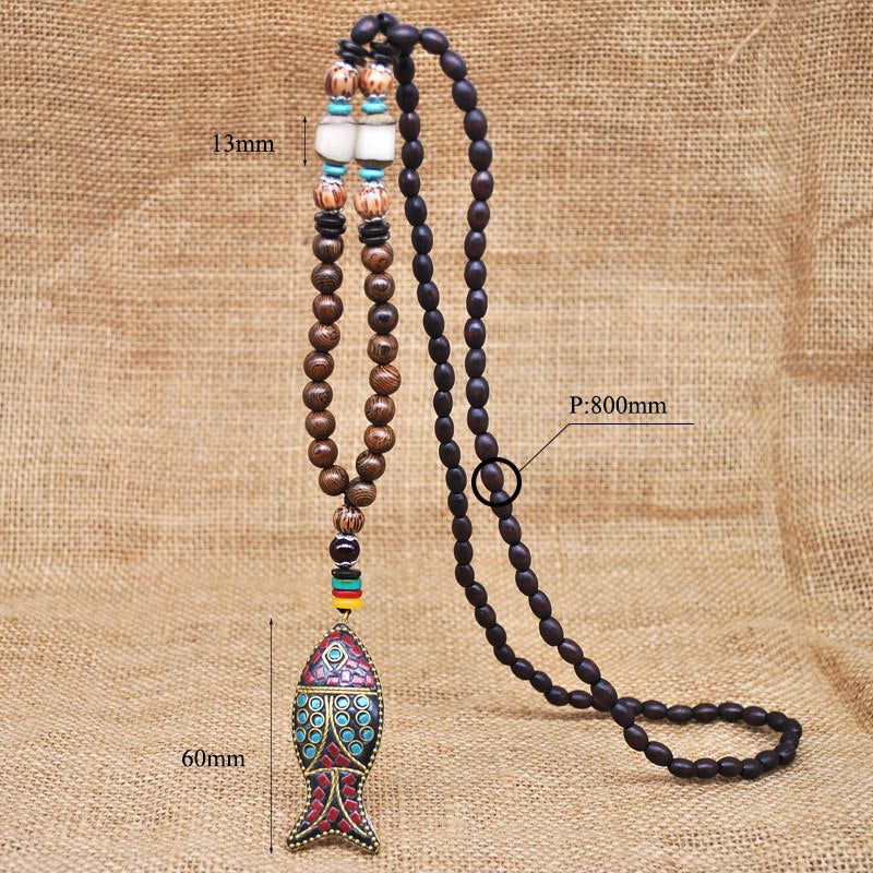Wholesale ethnic style sweater chain handmade long wooden bead string