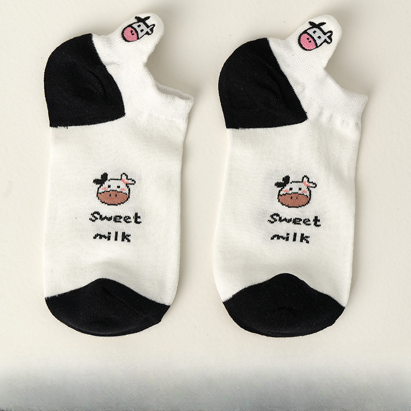 Wholesale Milk Cow Embroidered Striped Cotton Boat Sock