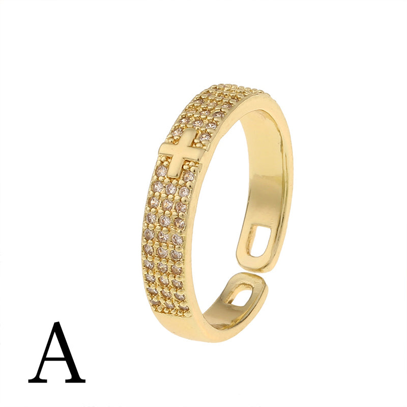 Wholesale Ring Copper Plated 18K Gold Zircon Cross Adjustable OLY-RS-HX002