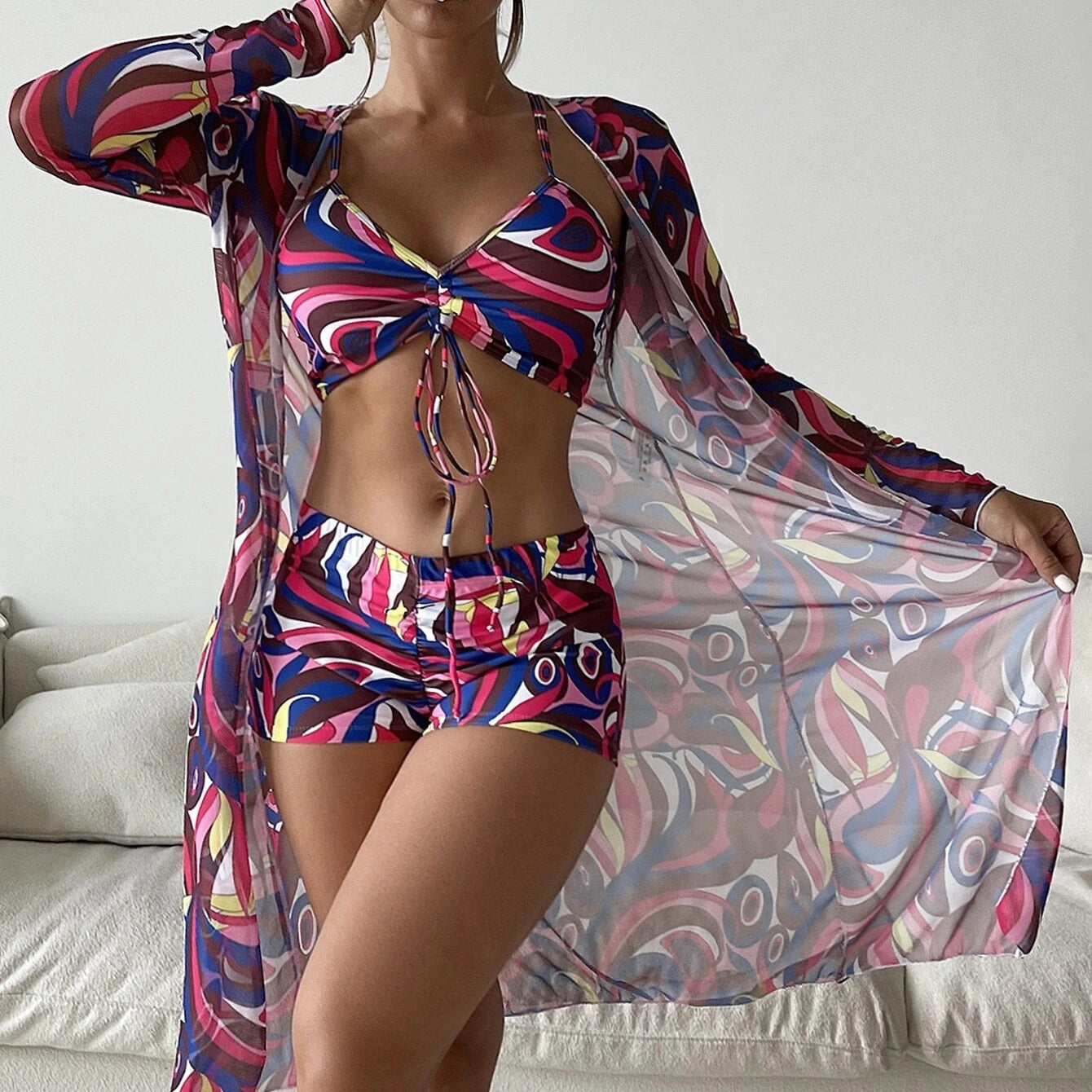 Conjunto de tres piezas de traje de baño de poliéster dividido al por mayor