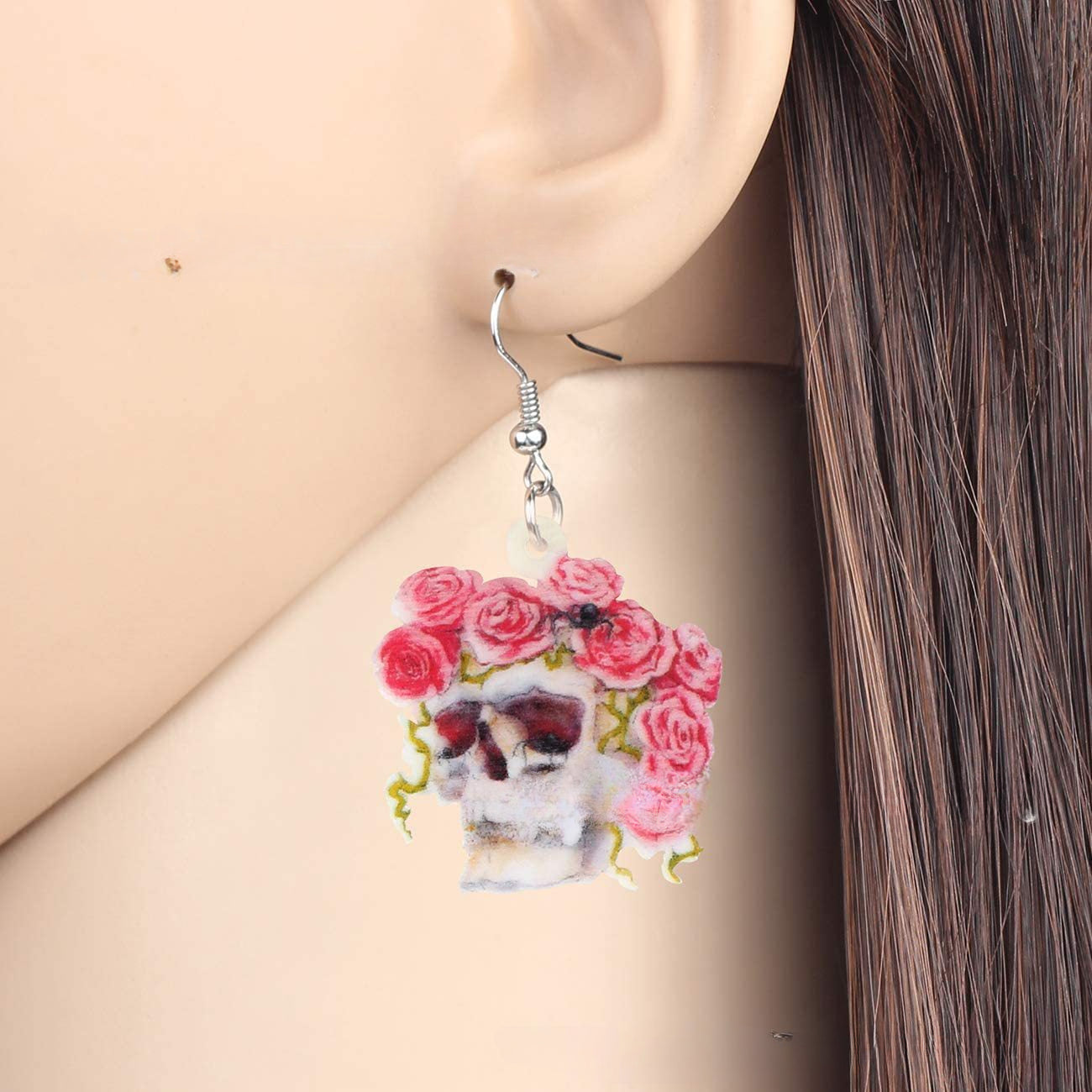 Wholesale 10pairs/pack Red Flower Skull Pendant Acrylic Earrings