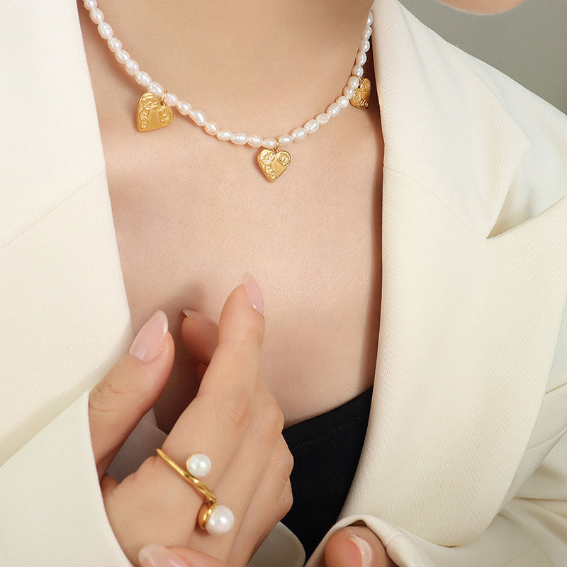 Wholesale Necklace Baroque Pearl Titanium Steel Heart Shape OLY-NE-FanT001