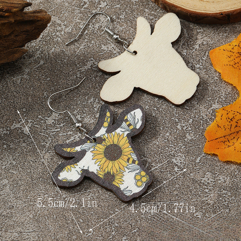 Wholesale Western Wind Cow Head Cow Pattern Leopard Pattern Sunflower Wooden Earrings