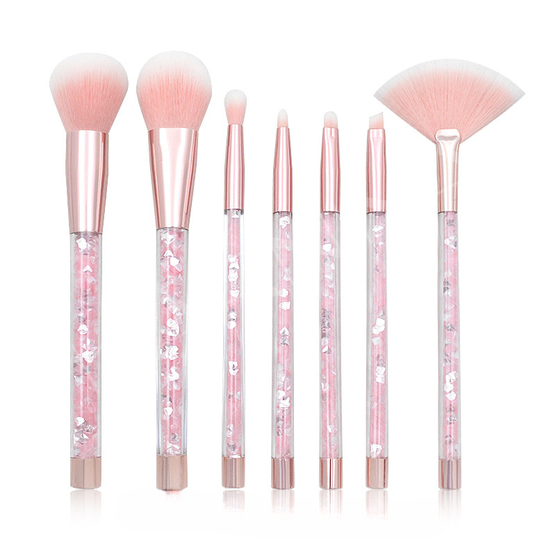 Plastic al por mayor de 7 piezas Mango de partícula de cristal transparente Juego de cepillo de maquillaje