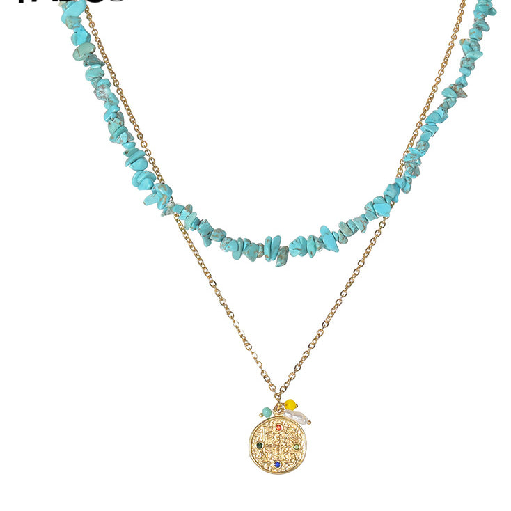 Colgante de medalla de acero inoxidable al por mayor Collar de doble capa de grava natural multicolor