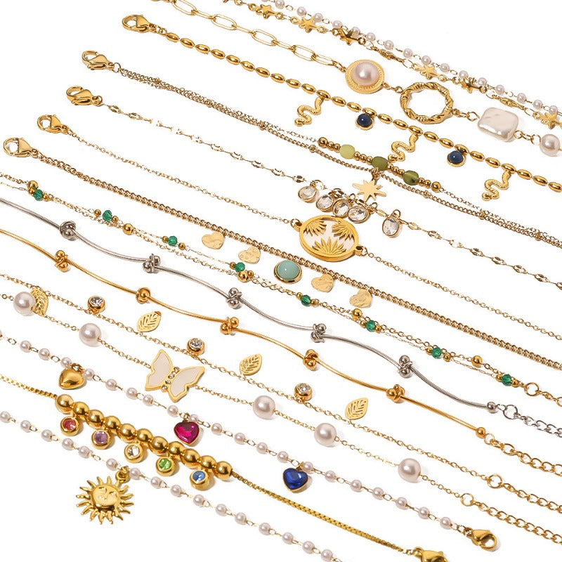 Wholesale Vintage Round Butterfly Natural Stone Zircon Pearl Stainless Steel Bracelet