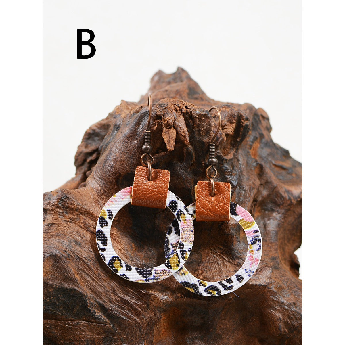Wholesale Flower Leopard Print Abstract Painting Graffiti Hollow Circular Leather Earrings
