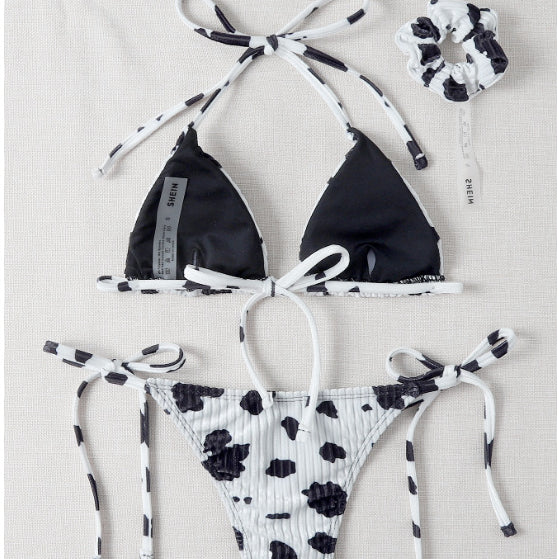 Wholesale Cow Pattern Lace Up Split Polyester Swimwear