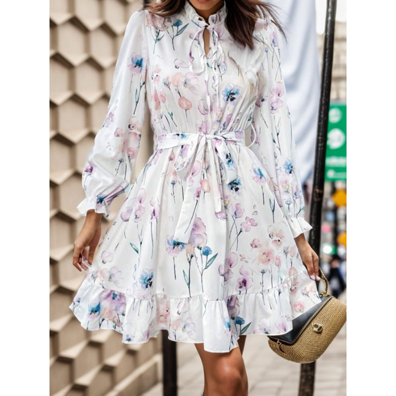 Wholesale Polyester Half Turtle Neck Tie Waist Floral Print Long Sleeve Dress