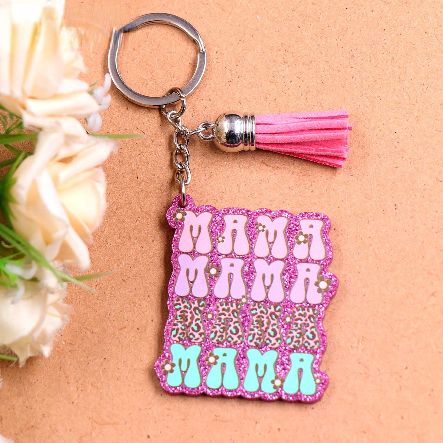 Wholesale Mother's Day Gift Acrylic MAMA Glitter Flower Creative Keychain