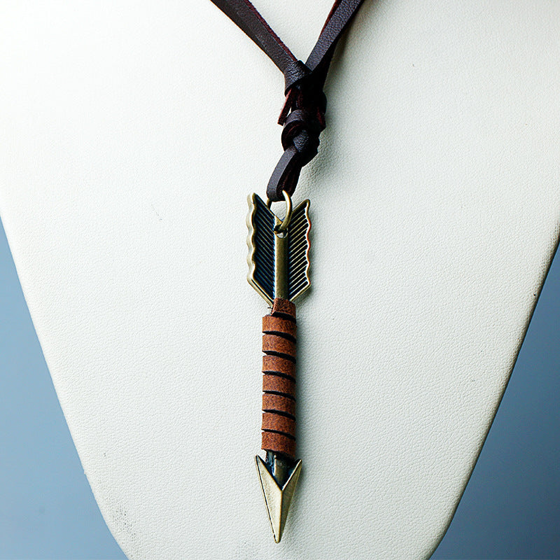 Wholesale Alloy Vintage Leather Rope Feather Arrow Sweater Necklace