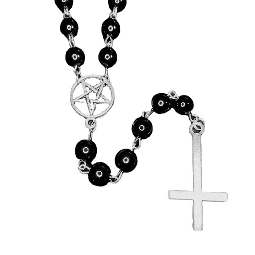 Wholesale Alloy Circle Pentagram Cross Black Beaded Necklace