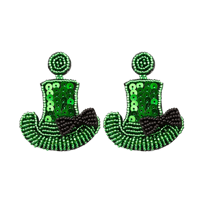 Wholesale Carnival Festival St. Patrick's Day Boho Green Leaf Rice Bead Tassel Earrings OLY-ES-JM001