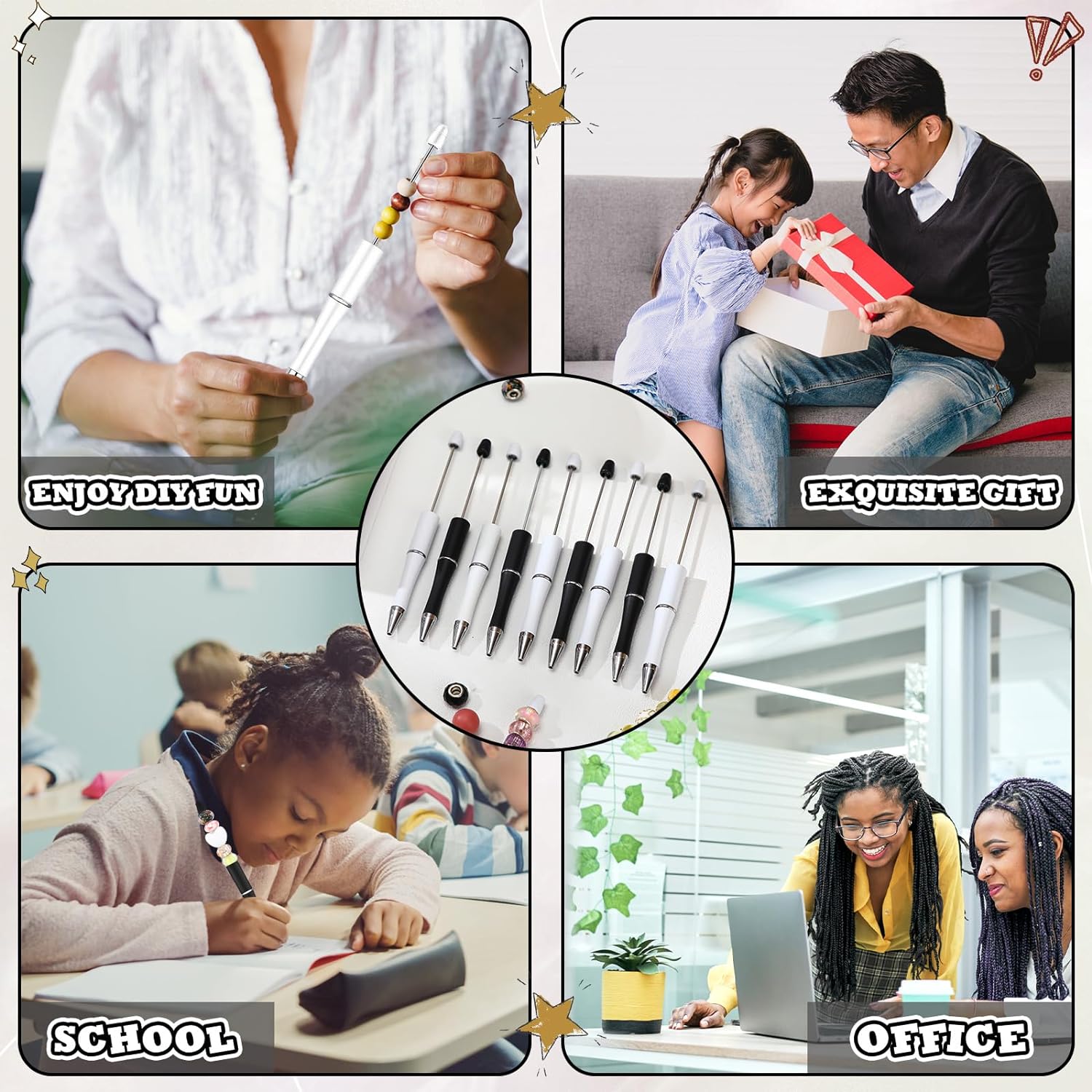 Wholesale 300 Pcs Beadable Pen Bulk Assorted Plastic Bead Pen DIY Making Kids Students Office School Gift Supplies