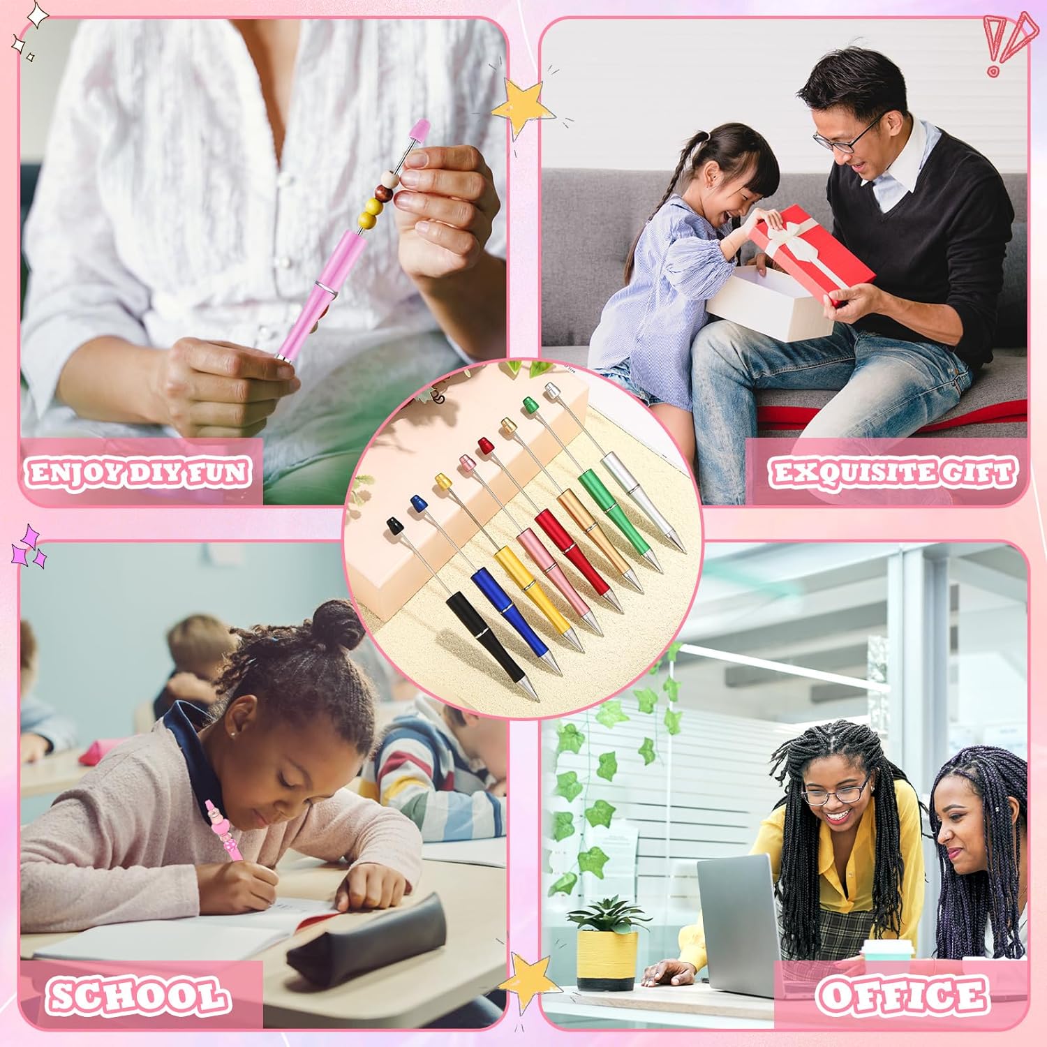 Wholesale 300 Pcs Beadable Pen Bulk Assorted Plastic Bead Pen DIY Making Kids Students Office School Gift Supplies