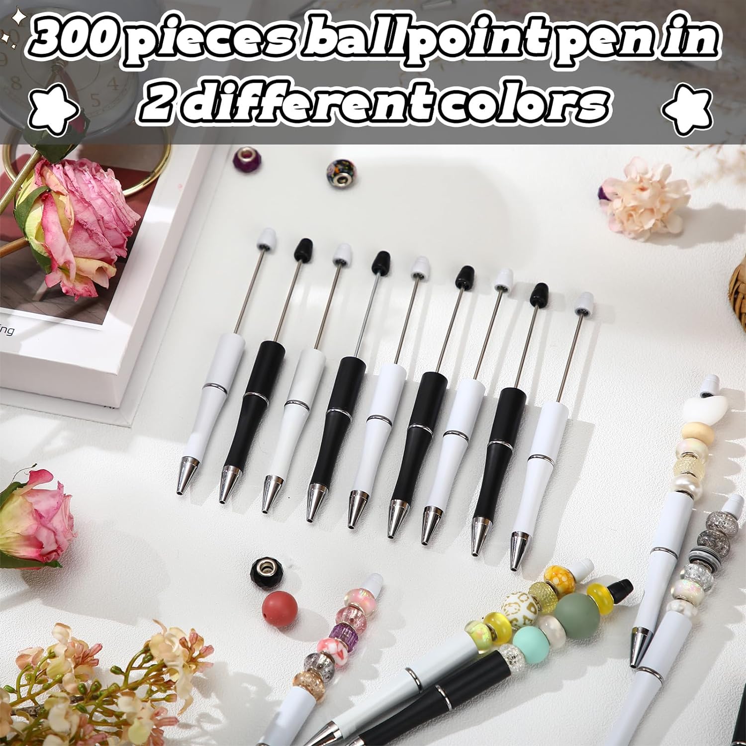 Wholesale 300 Pcs Beadable Pen Bulk Assorted Plastic Bead Pen DIY Making Kids Students Office School Gift Supplies