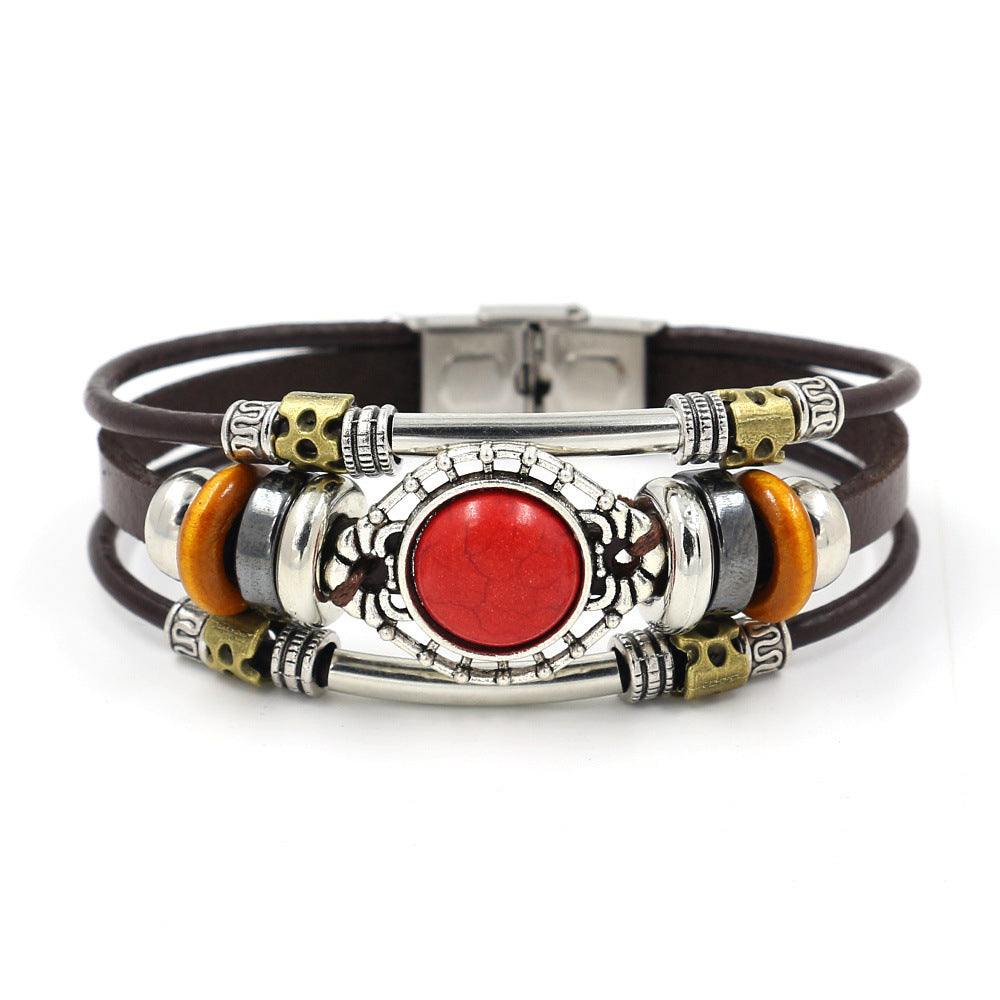 Wholesale Turquoise Beads Leather Stainless Steel Bracelet